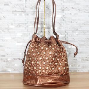 VINTAGE Bucket Bag Studded Brown Leather Shoulder Boho Quilted Purse Genuine USA